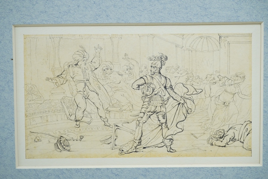 Set of four pencils on tracing paper?, Classical scenes and figures, 9 x 17cm, mounted, unframed. Condition - fair